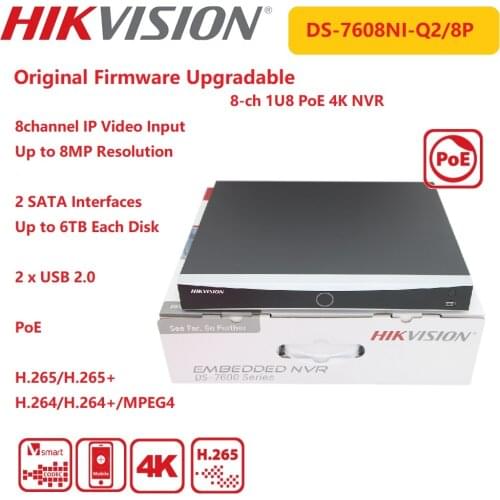 Hikvision NVR Onvif 8-ch 4K DS-7608NI-Q2/8P 1U 8 PoE 8MP Surveillance Network Video Recorder Third-party IP cameras Supported