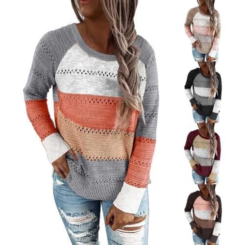 Women Autumn Winter Long Sleeve Color Block Knitted Sweater Hollow Out Jumpers Solid Color Skinny Elastic Sweater For Female