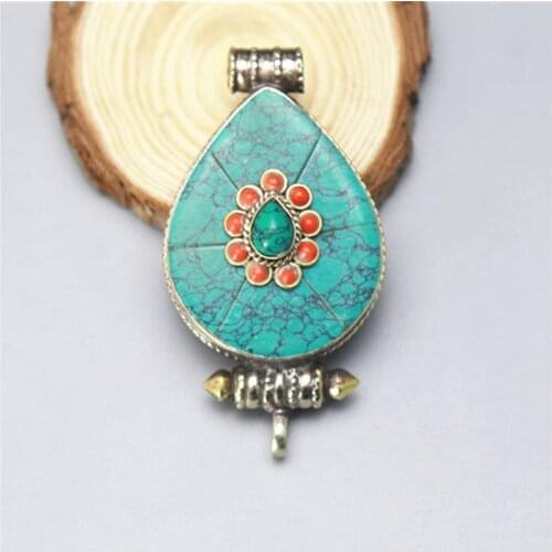 TGB076 Tibetan Amulet GAU Prayer box Pendants Inlaid Cyan Stone Vintage Jewelry