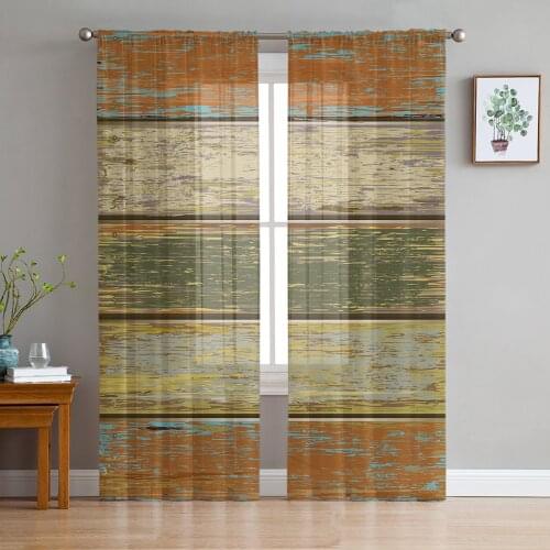 Vintage Old Wooden Board Texture Tulle Sheer Window Curtains for Living Room Kitchen Children Bedroom Voile Hanging Curtain