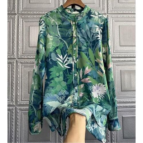 Womens Shirts Jungle Green Leaf Floral Print Fashion Shirt Tops Office Formal Casual Loose Long-Sleeved Tops 2021 Summer Sexy