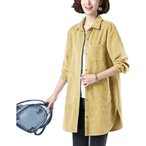 Corduroy Mid-long Ladies Shirt 2021 Spring Autumn New Womens Clothing Thin Windbreakers Coat Loose Lapel Long Shirt Outerwear