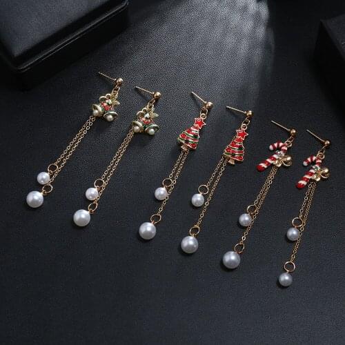 2019 Christmas Tree Jingle Bell Cane Long Tassel Pearl Earrings for Women New Year Xmas Earrings Gift Christmas Ear Jewelry