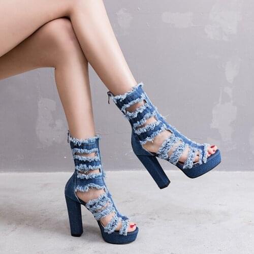 Denim Hollow High-heeled Sandals 2021 New Fish Mouth Womens Shoes European and American Large Size Thick-heeled Sandals Women