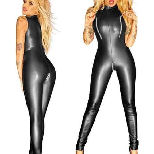 Plus Size Women Sexy Lingerie Faux Leather Night Club Jumpsuit Bodysuit Adult Latex PVC Catsuit Zipper open crotch Erotic Wear
