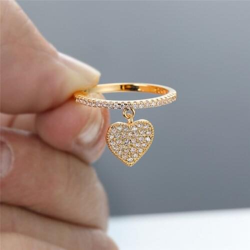 Female Luxury Crystal Ring Cute Heart Pendant White Zircon Rings For Women Dainty Rose Gold Silver Color Engagement Promise Ring