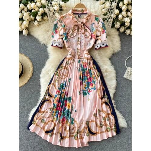 FMFSSOM 2021 Summer Women Bohemian Bow Collar Printing Maxi Dress High Waist A-line Vintage Lace Pleated Elegant Party Robe