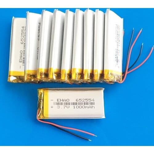 10 pcs 652554 3.7V 1000mAh lipo polymer lithium rechargeable battery for GPS DVD bluetooth recorder camera LED light watch