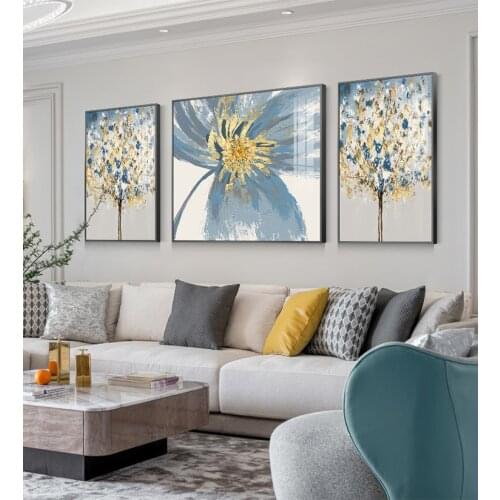 3 Pieces Triptych Modern Luxury Golden Flower Gold Leaf Tree Decoration Painting Gold Foil Posters Prints for Living Room Decor