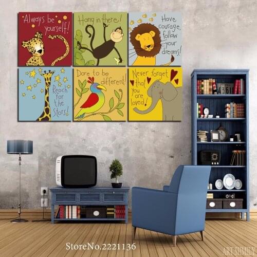 6 Pieces/set Cute Cartoon Animals HD Printed Group Painting Canvas Print Painting Wall Art Pictures for Living Room