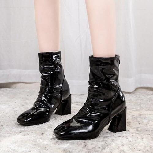 Fashion Women Boots Patent Leather Women Ankle Boots Pointed Toe Square High Heel Boots Warm Plush Women Shoes Chelsea Boots