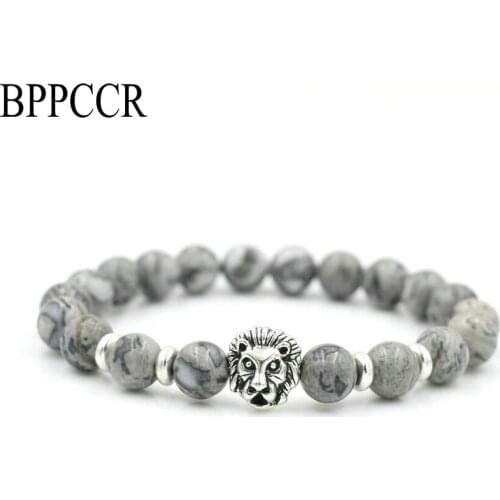 BPPCCR Hiphop Punk Onyx Stone Marble Leo Lion Head Strand Charm Bracelet Men Women Couples Lucky Pulseras Hombre Mujer Gifts