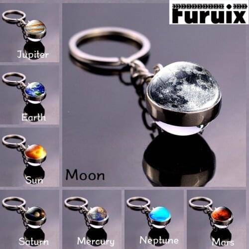 Solar System Planet Keyring Galaxy Nebula Space Keychain Moon Earth Sun Mars Art Picture Double Side Glass Ball Car Key Chain