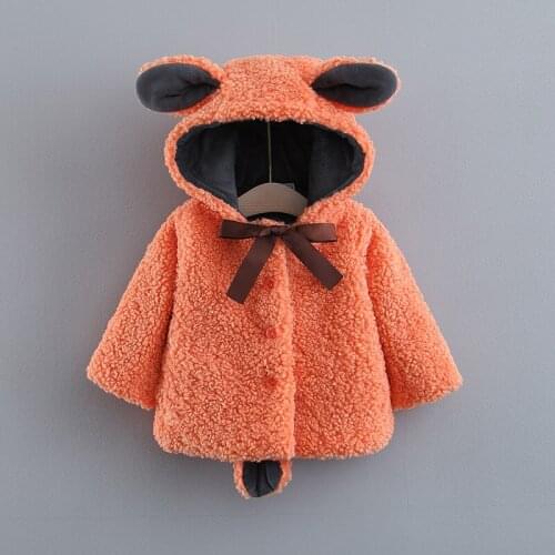 Baby clothes baby girl autumn and winter faux fur ribbon bow fur coat mid-length cute ear hooded coat thick warm outerwear