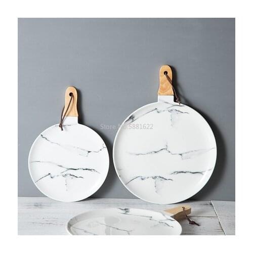 Ceramic Western Plates Nordic Marble Texture Pizza tray with Wood Handle Steak Plate Pasta Tray Western Tableware