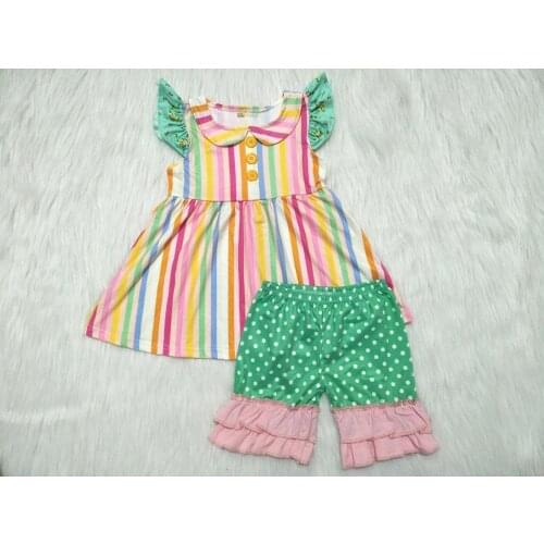 Summer striped outfits baby girls high quality rainbow color t shirt+dotted shorts 2 pcs sets kids childrens clothing gxj