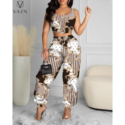 VAZN 2021 Plus Size Bohemian Chiffon Plus Size Set Young Joker Sexy Holiday Mini Tank Long Pants Slim 2PCs Set Women Suits
