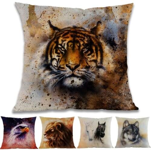 Watercolor Style Tiger Lion Wolf Horse Eagle Animals Pattern Linen Throw Pillow Case Home Sofa Car Decorative Cushion Covers