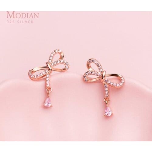 Modian Elegant Bowknot Earrings for Women Pink Crystal Rose Gold Color Studs Earring 925 Sterling Silver Jewelry Accessories