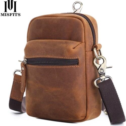 Mens Waist Bag Leather Retro Phone Waist Bag Multifunctional Leather Mens Shoulder Bag Diagonal Bag Travel Waist Pack