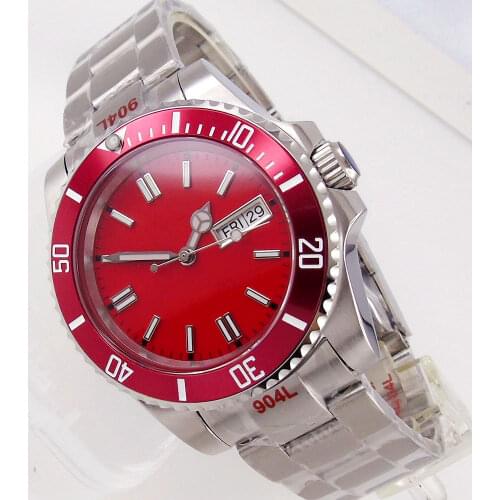 Sapphire Mens Automatic Watch Japan NH36 Movement Day/Date Display Red Face Oyster Band Glide Lock Ceramic Rotating Bezel