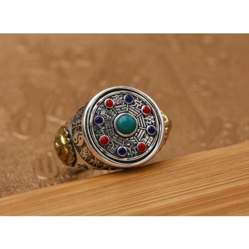 Solid 925 Sterling Silver rotate mens Tai Chi Bagua Vintage Ring A2921