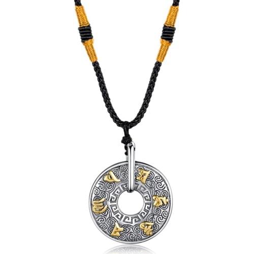 Six-Character Words Mantra Necklaces Round Pendant for Men Boy Stainless Steel Chinese Style Lucky Amulet Male Jewelry