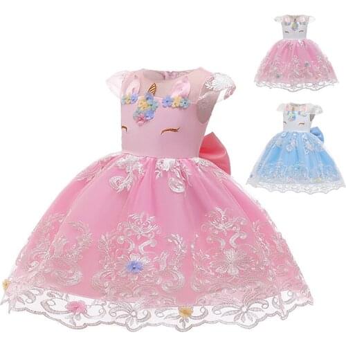 Summer Baby Girl Clothing Princess Pink unicorn bow embroidery Flower Dress Girls Vintage Children Dress Wedding Party Ball Gown