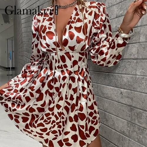 Glamaker Polka dot printed v neck A-line dresses Office ladies drawstring lantern sleeve autumn mini party dress club 2021 new