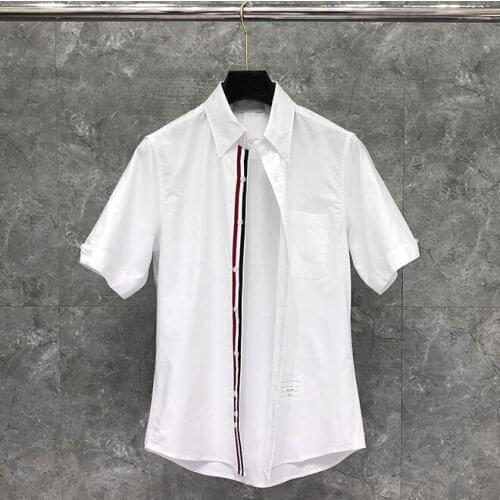 2021 Fashion Brand Shirts Men Slim White Short Sleeve Casual Shirt Oxford Middle Striped Cotton Solid Mens Clothing