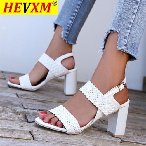 3 Colour Womens Sandals Summer Open Toe Weave Buckle Thick High Heel Casual Shoes Summer Sandals Women High Heels Shoes 34-44