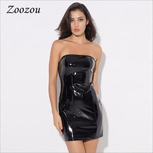 Sexy Backless PU Patent Leather Mini Dress Women Black Bodycon Strapless Short Dress Lady Red Skinny Sleeveless Dress Custom