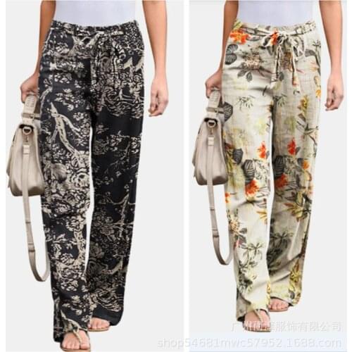 Spring and autumn trousers new products 2021 casual elastic waist women drawstring plus size retro printed trousers women
