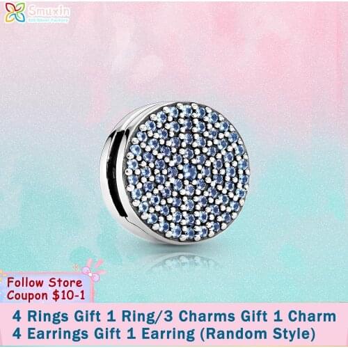 Smuxin 925 Sterling Silver Bead Round Blue Pave Clip Charms fit Original Pandora Bracelets for Women Jewelry Making Girl Gift