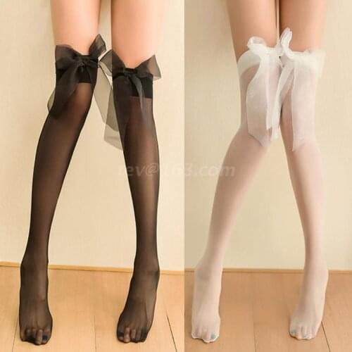 Sexy Perspective Bowknot Design Thigh High Stockings Silicone Anti-shedding Oily Stock Womens Erotic Lingerie