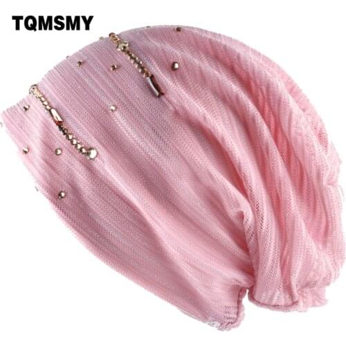 TQMSMY 2019 fashion rhinestone beanie women lace breathable hats for woman double layer diamonds Cap female skullies hat TMS76
