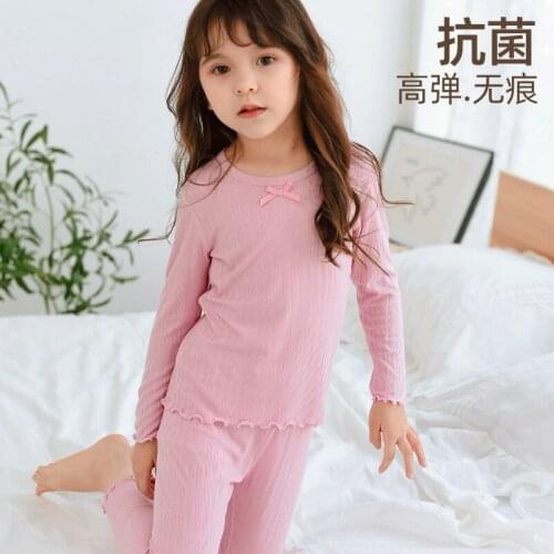 2021 Spring Autumn Kid Pajamas Girls Ribbd Sleepwear with Bow Children Lounge Set Toddler Teenagers Clothing Set
