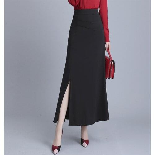 Chic Side Slit Women High Waist Long Skirt Spring Autumn Popular Black Skirt