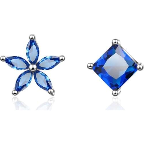 Elegant Asymmetric Blue Cubic Zirconia Flower 925 Sterling Silver Ladies`Stud Earrings Wholesale Jewellery For Women Female Girl