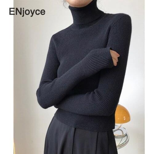Women 2020 Winter Simple High Collar Knitted Sweater Office Ladies Elegant Slim Fit Pullover Tops Long Sleeve Female Sweaters