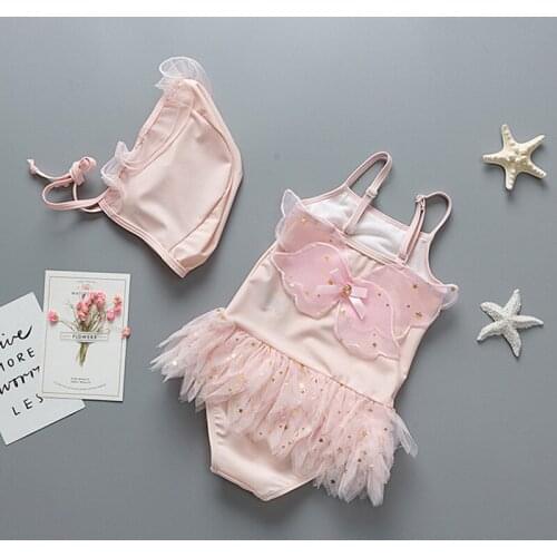 2pcs Set Girls Swimwear Childrens One-piece Swimsuit Princess Ballet Dancing Pink Angel Wings Swimwear for Baby Tutu Dress
