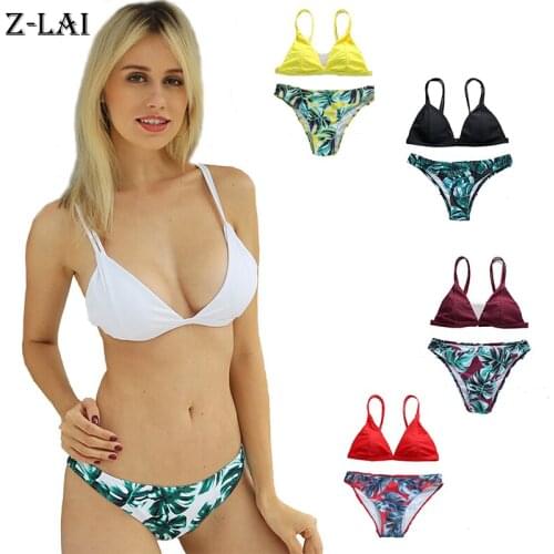Z-LAI 9 Colors Solid Sexy Bikinis Push Up Swimwear Women Plant Print Thong Bikini Vintage Padded Bra Swim Wear Women 2018