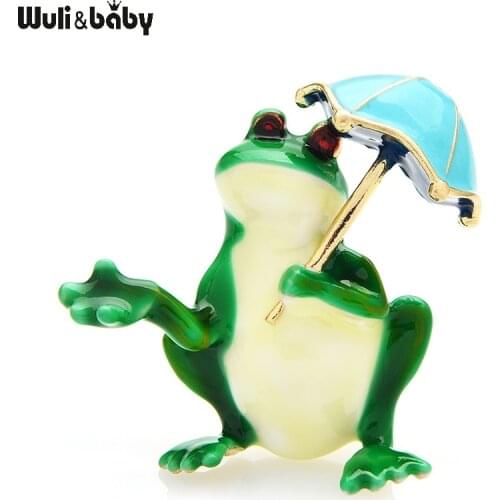 Wuli&baby Taking Umbrella Frog Brooches Women Unisex 2-color Lovely Enamel Animal Party Office Brooches Pins Gifts