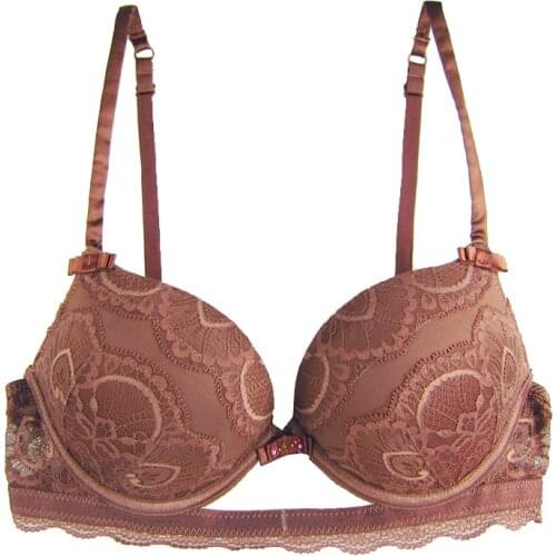 MiaoErSiDai Sexy Women Lace Push Up Bra Fashion Hollow out Padded For Girls Beading Bow Brassiere Thick Cup Super Beautiful Bra