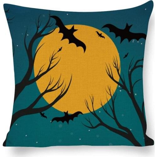 Holiday Home Decorative Pillow Cover, Halloween Night Moon Bat Animals and Tree Plants Decorative Throw Pillow Case Cushion