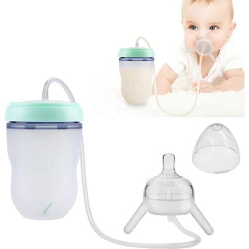 Baby Feeding Bottle Long Straw Hands-free Bottle Multifunctional Baby Bottle Kids Cup Silicone Sippy NO BPA