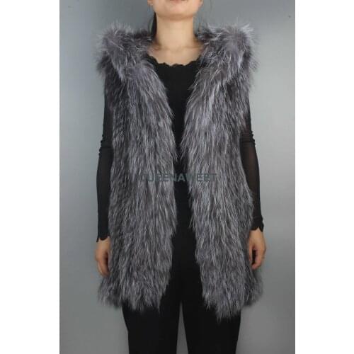 Long Silver Fox Fur Vest With Fur Hood Real knit Fur Sleeveless OverCoat Women Outerwear Winter Warm