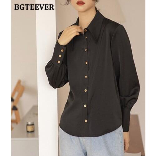 BGTEEVER Elegant Office Ladies Satin Shirts Blouses Summer Turn-down Collar Single-breasted Loose Female White Blouses OL Blusas
