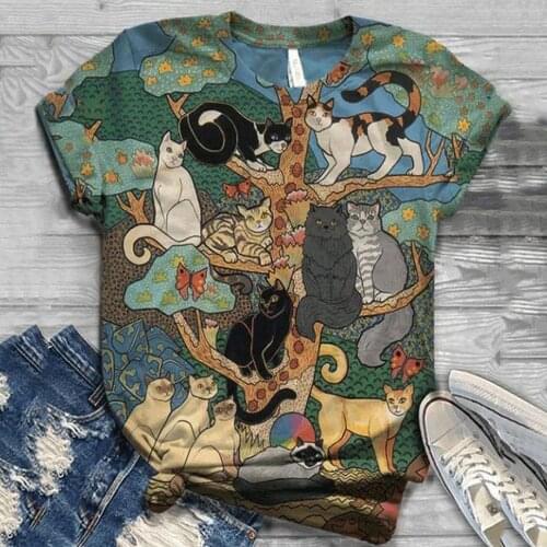 Ladies Harajuku Large Size Cute Cats Animal Print Light Thin Breathable Womens T-Shirts Womens Round Neck Short-Sleeved Tops