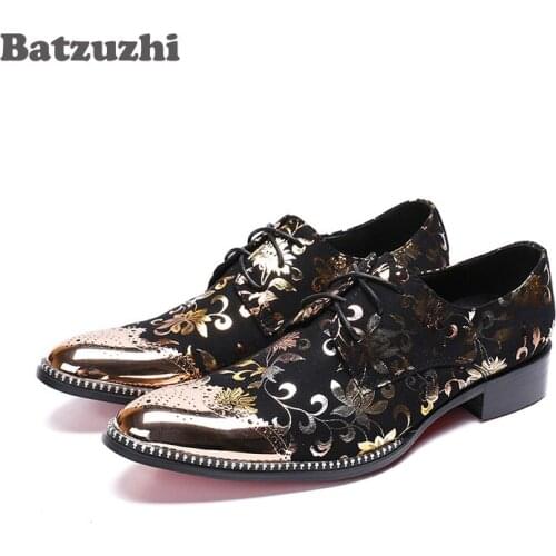 Batzuzhi Italy Model Men Shoes Designers Leather Oxford Shoes Men Lace-up Pointed Metal Tip Men Dress Shoes Party and Wedding